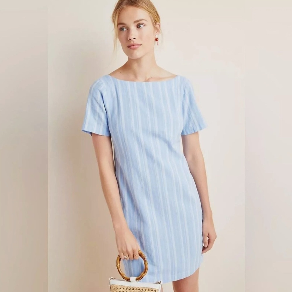 Anthropologie Cape May Back Bow Mini Dress Blue and White Striped Linen